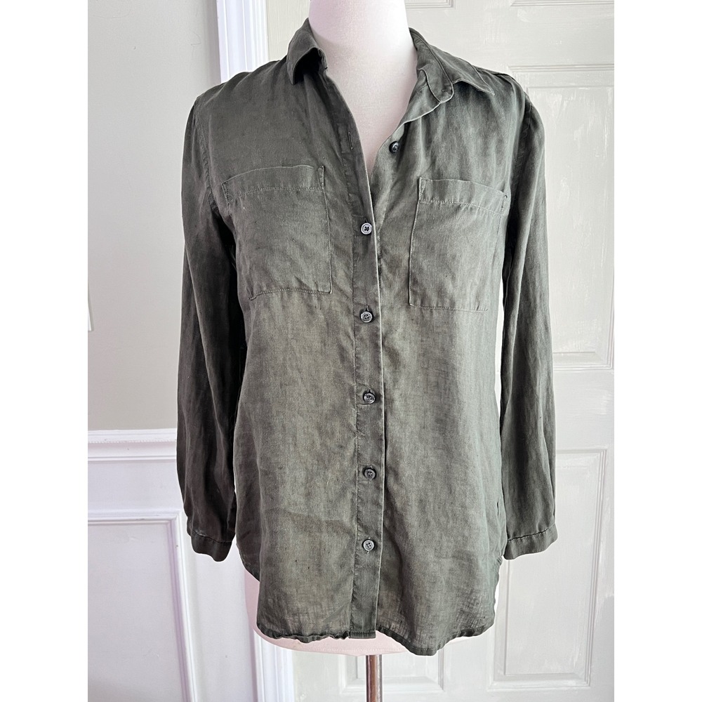 Lord & Taylor Linen Button‎ Down Shirt Womens XS Olive Green Utility Safari Top